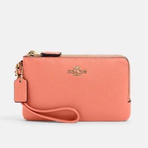 Coach Double Corner Zip Wristlet in Gold/Light Coral